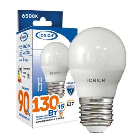 Лампа светодиодная G45 15Вт 6500К Е27 1350лм 230В шар IONICH 1636