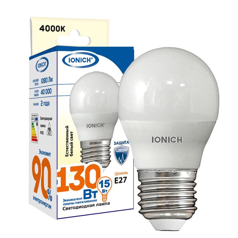 Лампа светодиодная G45 15Вт 4000К Е27 1350лм 230В шар IONICH 1825