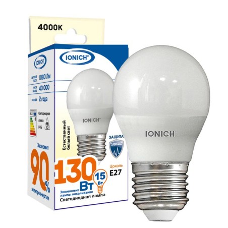 Лампа светодиодная G45 15Вт 4000К Е27 1350лм 230В шар IONICH 1825
