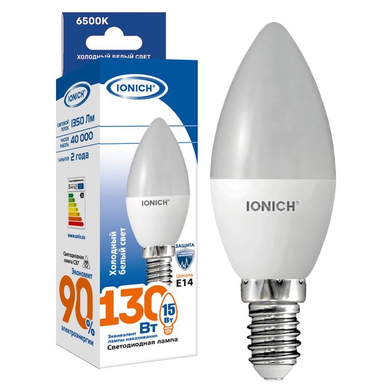 Лампа светодиодная C37 15Вт 6500К Е14 230В свеча IONICH 1906