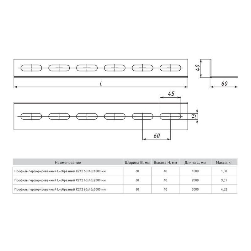 Профиль L-образный перфорир. 60х40 L3000 2мм К242 INOX EKF ppl6040-3-2-INOX