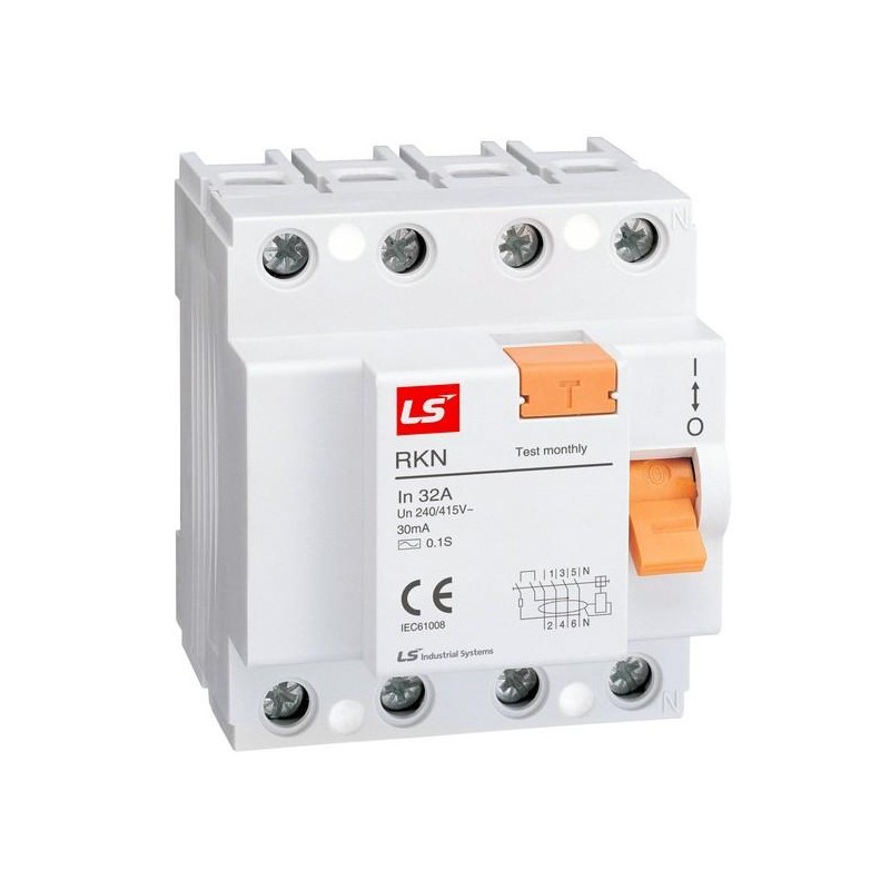 Выключатель диф. нагрузки (УЗО) RKN 4P 32А 300мА LS Electric 062400428B Выключатель диф. нагрузки (УЗО) RKN 4P 32А 300мА LS Electric 062400428B