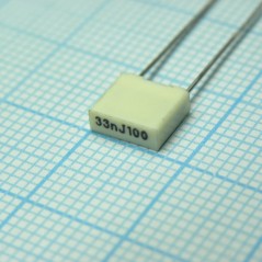 Конденсатор металлоплёночный полиэтилентерефталатный 0.033мкФ 100В ±5% (7.2х2.5х6.5мм) шаг выводов 5мм 105°С автомобильного прим