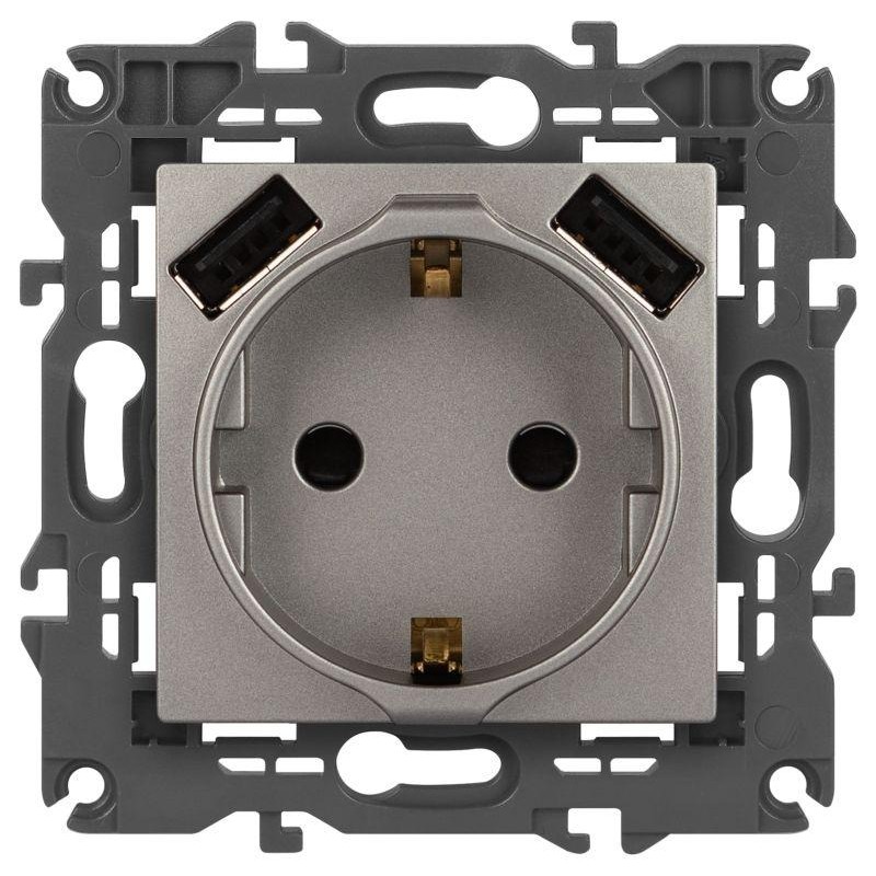 Розетка ЭРА Elegance 14-4109-16 2P+E 16A-250В штор. с 2xUSB 5В-3А титан Эра Б0065775