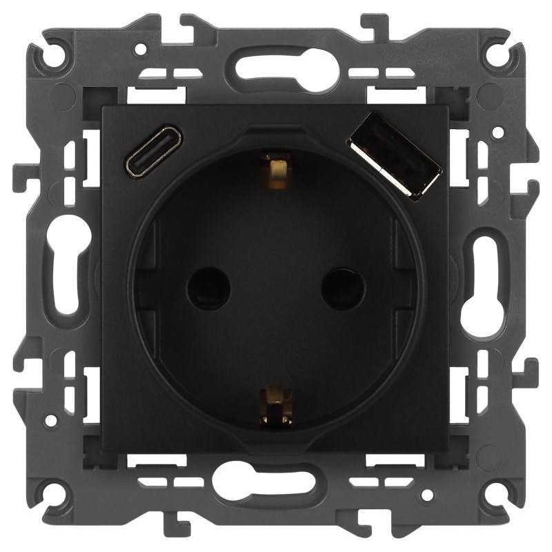 Розетка ЭРА Elegance 14-4108-05 2P+E 16A-250В со шторками с USB type-A+C 5В-3А антрацит Эра Б0067724 Розетка ЭРА Elegance 14-4108-05 2P+E 16A-250В со шторками с USB type-A+C 5В-3А антрацит Эра Б0067724