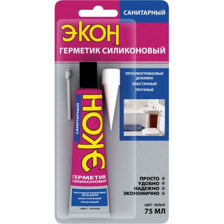 Герметик "ЭКОН" силиконовый санитарный 75мл на БК бел. Момент Б0043118