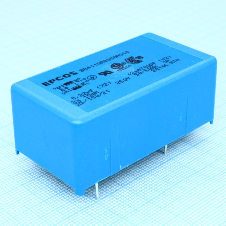 Сетевой фильтр 2x1A/250V, 2х10 мГн, 0.22 мкФ (X2), 2х4700 пФ (Y2), 56х30x23 мм, монтаж в плату