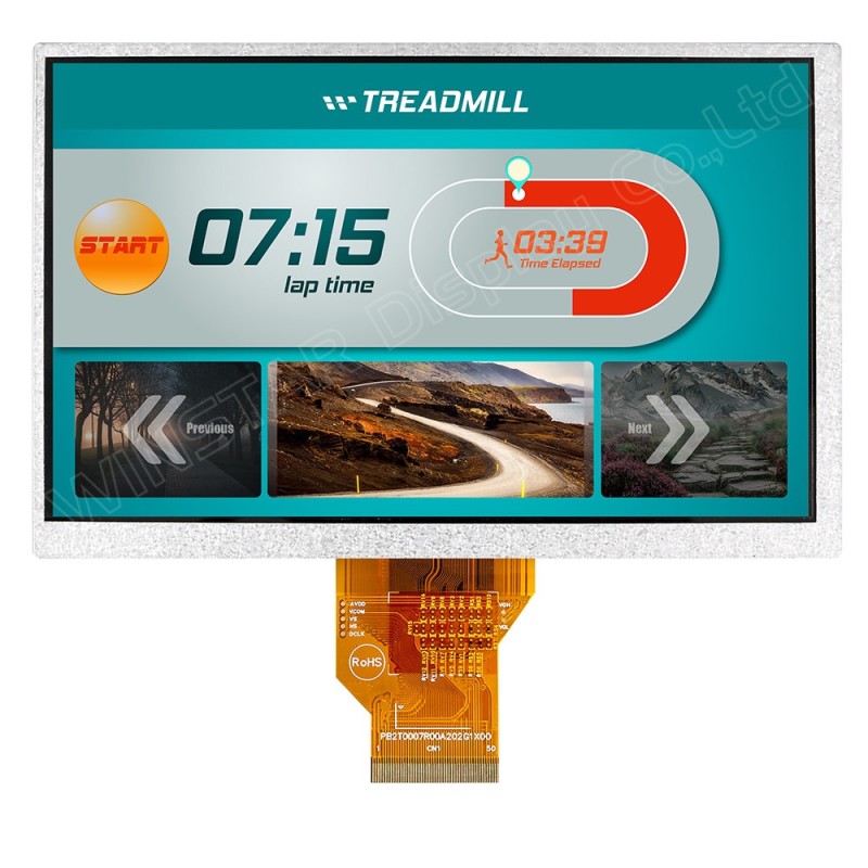 TFT 7.0", 800 x 480, LED подсветка, интерфейс RGB, встроенный контр. ST-5623D+ST5091D, яркость 900 cd/m2, 12 o'clock. -20...+70°