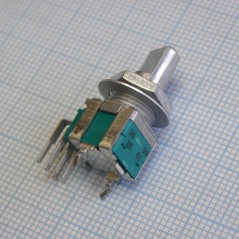 Potentiometer RK09L Series, Dual-unit, Vertical, Flat shift 15mm, With detent, 10K, 1B, For tone