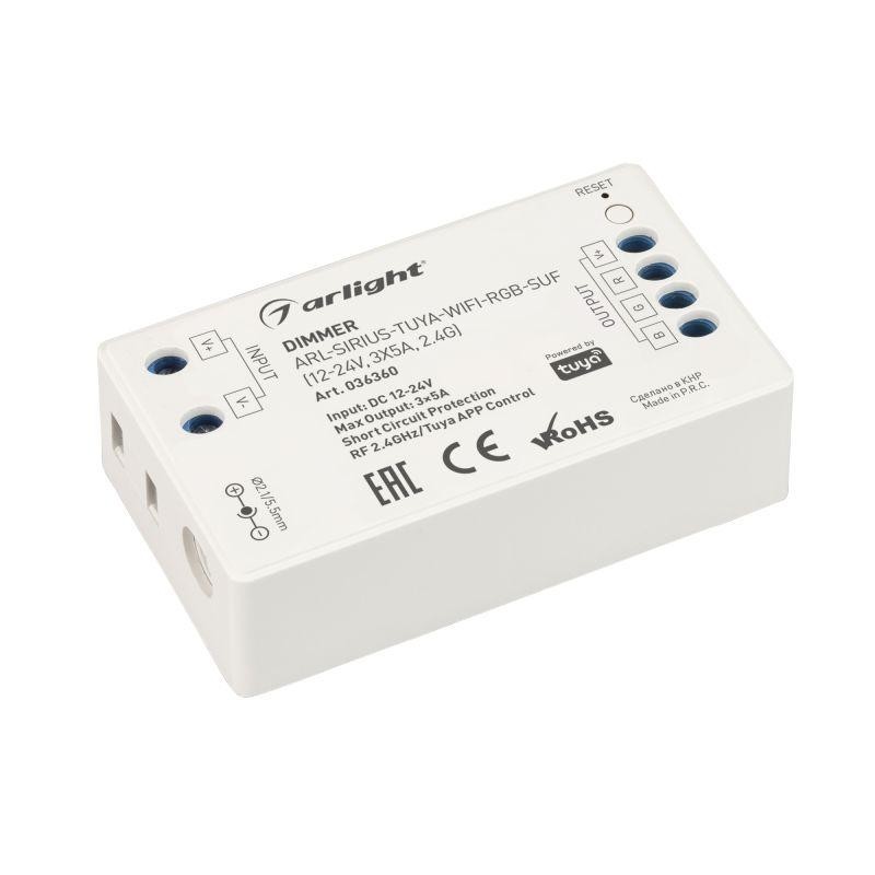 Диммер ARL-SIRIUS-TUYA-WIFI-RGB-SUF (12-24В 3х5А 2.4G) (IP20 пластик) Arlight 036360 Диммер ARL-SIRIUS-TUYA-WIFI-RGB-SUF (12-24В 3х5А 2.4G) (IP20 пластик) Arlight 036360