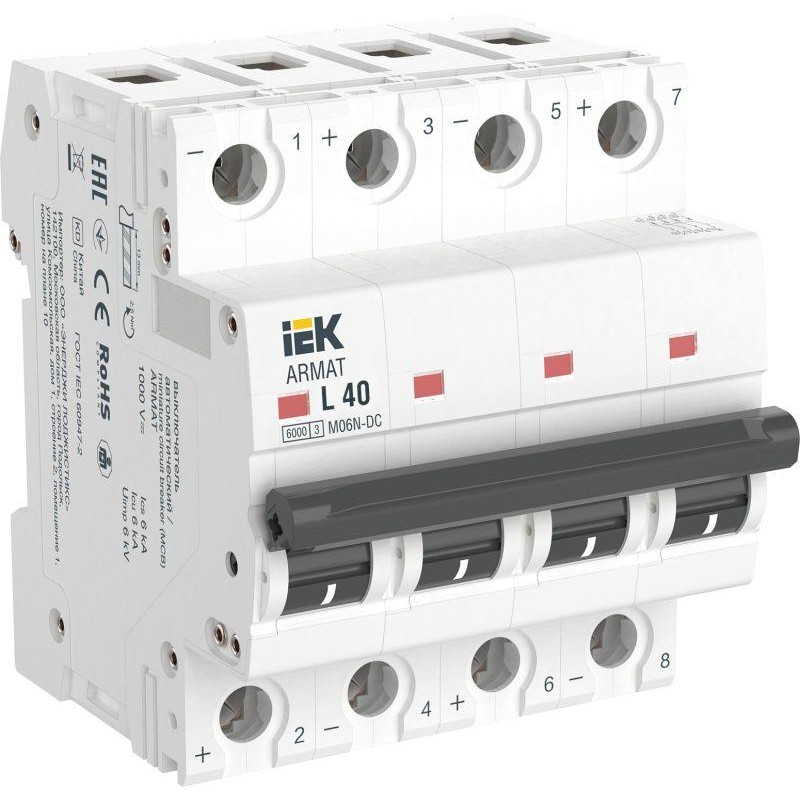 Выключатель автоматический модульный 4п L 40А M06N-DC ARMAT IEK AR-M06N-4-L040DC Выключатель автоматический модульный 4п L 40А M06N-DC ARMAT IEK AR-M06N-4-L040DC