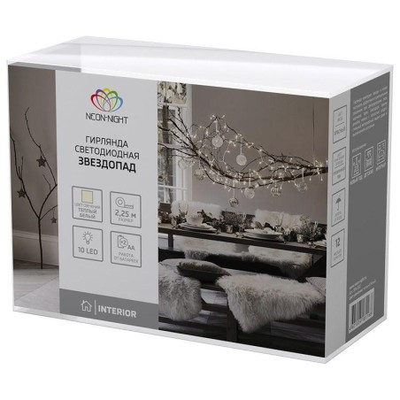 Гирлянда светодиодная "Звездопад" 2.25м 10LED красн. тепл. бел. 0.1Вт IP20 провод ПВХ прозр. элементы питания 2хAA (не в компл.)
