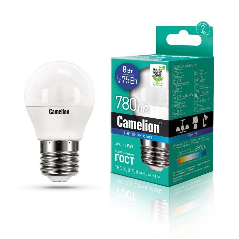 Лампа светодиодная LED8-G45/865/E27 8Вт 220В Camelion 13373 Лампа светодиодная LED8-G45/865/E27 8Вт 220В Camelion 13373