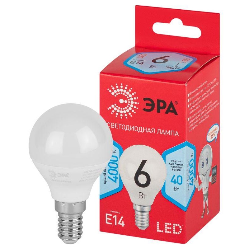 Лампа светодиодная RED LINE LED P45-6W-840-E14 R 6Вт P45 шар 4000К нейтр. бел. E14 Эра Б0052443