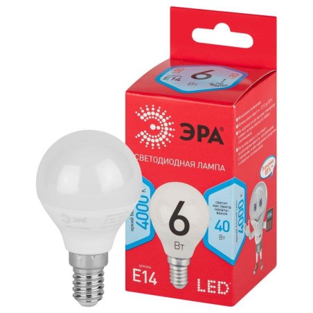 Лампа светодиодная RED LINE LED P45-6W-840-E14 R 6Вт P45 шар 4000К нейтр. бел. E14 Эра Б0052443