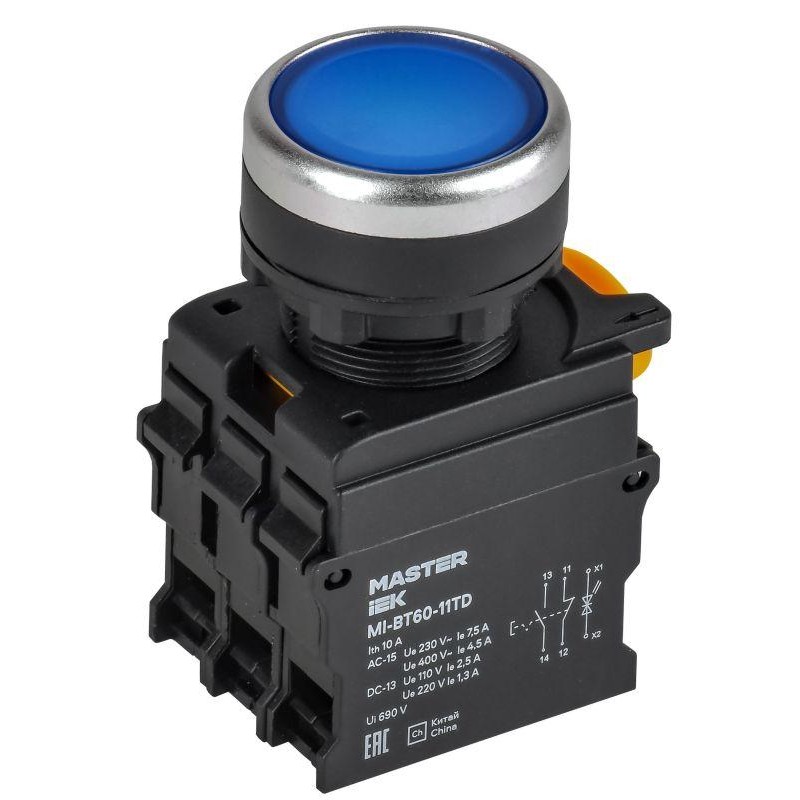 Кнопка d22мм 1НО+1НЗ с подсветкой и фиксацией син. MASTER IEK MI-BT60-11TD-3-11-K07