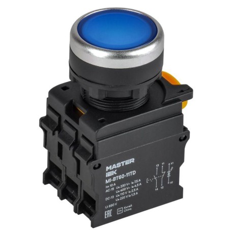 Кнопка d22мм 1НО+1НЗ с подсветкой и фиксацией син. MASTER IEK MI-BT60-11TD-3-11-K07