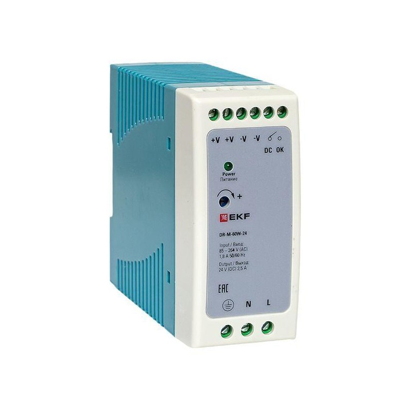 Блок питания на DIN-рейку 60Вт 220В AC/24В DC постоянного тока EKF DR-M-60W-24 Блок питания на DIN-рейку 60Вт 220В AC/24В DC постоянного тока EKF DR-M-60W-24