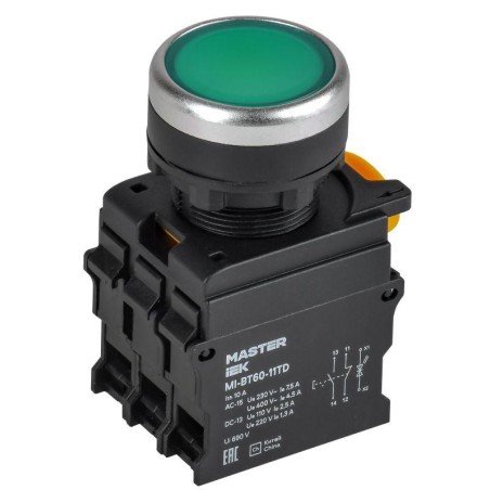 Кнопка d22мм 1НО+1НЗ с подсветкой и фиксацией зел. MASTER IEK MI-BT60-11TD-3-11-K06