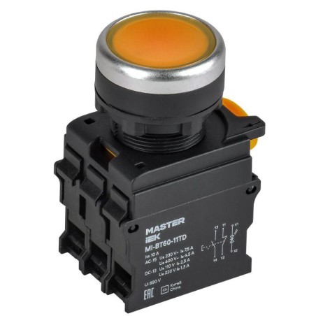Кнопка d22мм 1НО+1НЗ с подсветкой и фиксацией желт. MASTER IEK MI-BT60-11TD-3-11-K05