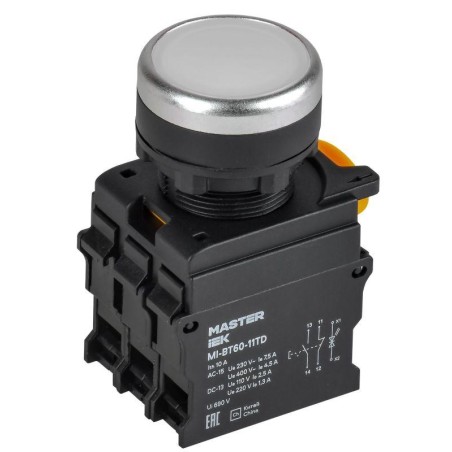 Кнопка d22мм 1НО+1НЗ с подсветкой и фиксацией бел. MASTER IEK MI-BT60-11TD-3-11-K01