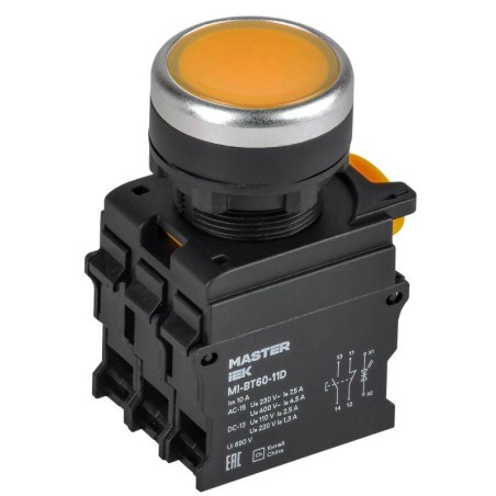 Кнопка d22мм 1НО+1НЗ с подсветкой желт. MASTER IEK MI-BT60-11D-3-12-K05