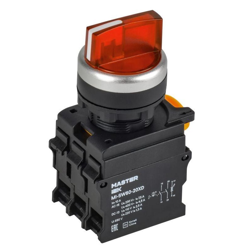 Переключатель 3 полож. 2НО с подсв. красн. MASTER IEK MI-SW60-20XD-4-14-3-K04 Переключатель 3 полож. 2НО с подсв. красн. MASTER IEK MI-SW60-20XD-4-14-3-K04