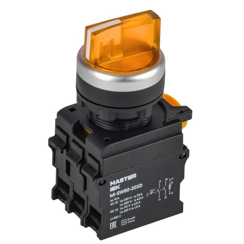 Переключатель 3 полож. 2НО с подсв. желт. MASTER IEK MI-SW60-20XD-4-14-3-K05 Переключатель 3 полож. 2НО с подсв. желт. MASTER IEK MI-SW60-20XD-4-14-3-K05