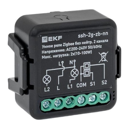 Реле в подрозетник 2-канальное без нейтрали Умное Zigbee Connect Select EKF ssh-2g-zb-nn