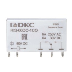 Реле миниатюрное ультратонкое 1CO ком. ток 6А AgSnO2 напряжение 60В DC DKC RIS-60DC-1CO