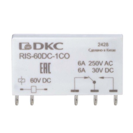 Реле миниатюрное ультратонкое 1CO ком. ток 6А AgSnO2 напряжение 60В DC DKC RIS-60DC-1CO