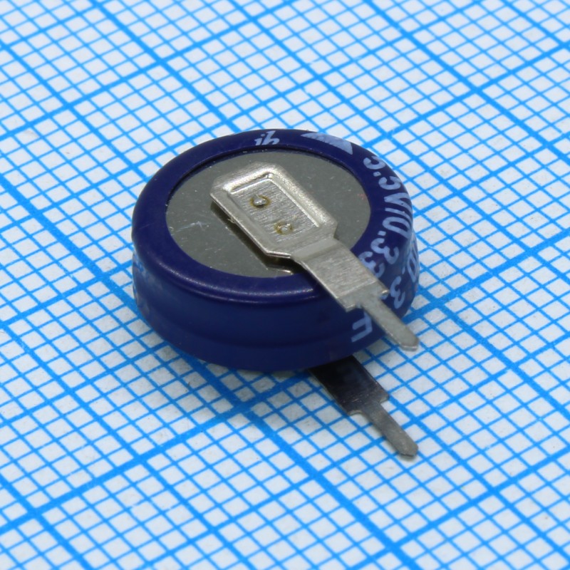 Ионистор стандартный мини 5,5V, 0,33F, -25...+70°C, 1000h, 11,5x12.3mm, вертикального исполнения