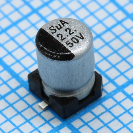 SMD Конденсатор алюминиевый электролитический 50В, 2.2мкФ ±20%, размер 4 X 5.8мм, 2.9 Ом, 60мА, 2000ч, 105С
