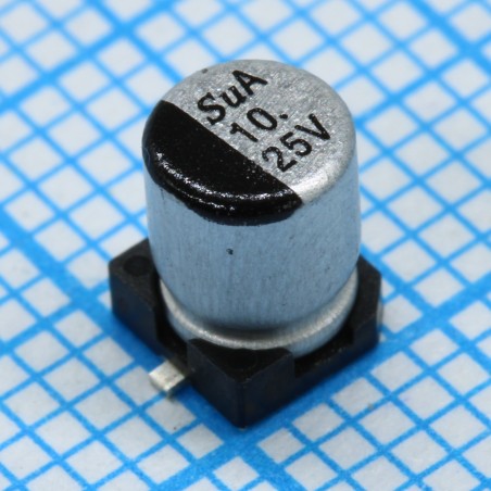 SMD Конденсатор алюминиевый электролитический 25В, 10мкФ ±20%, размер 4 X 5.8мм, 1.45 Ом, 80мА, 2000ч, 105С