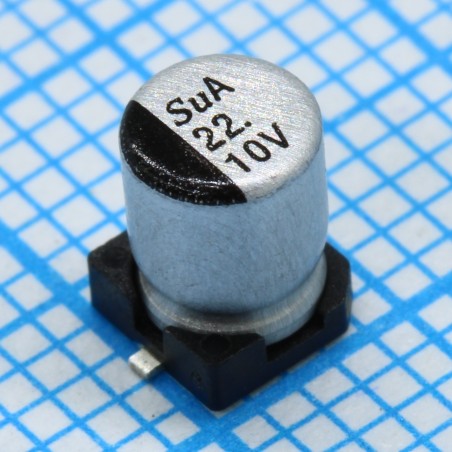 SMD Конденсатор алюминиевый электролитический 10В, 22мкФ ±20%, размер 4 X 5.8мм, 1.45 Ом, 80мА, 2000ч, 105С