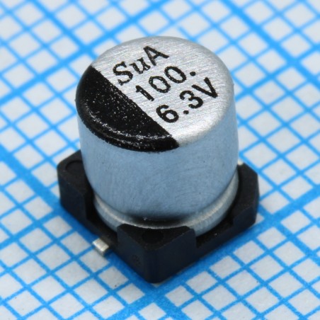 SMD Конденсатор алюминиевый электролитический 6.3В, 100мкФ ±20%, размер 5 X 5.8мм, 0.8 Ом, 150мА, 2000ч, 105С