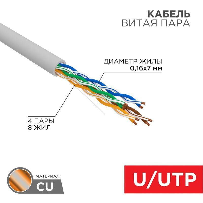 Кабель витая пара U/UTP кат.5E 4х2х24AWG медь МЖ сер. (305м) Rexant 01-0044 Кабель витая пара U/UTP кат.5E 4х2х24AWG медь МЖ сер. (305м) Rexant 01-0044