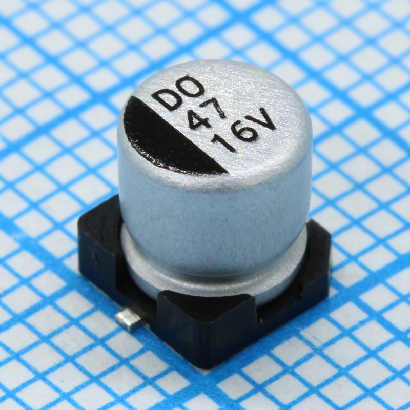 Конденсатор алюминиевый электролитический 47мкФ 16В ±20% (5 X 5.4мм) для поверхностного монтажа 1.2Ом 150мА 2000час 105°С лента Конденсатор алюминиевый электролитический 47мкФ 16В ±20% (5 X 5.4мм) для поверхностного монтажа 1.2Ом 150мА 2000час 105°С лента