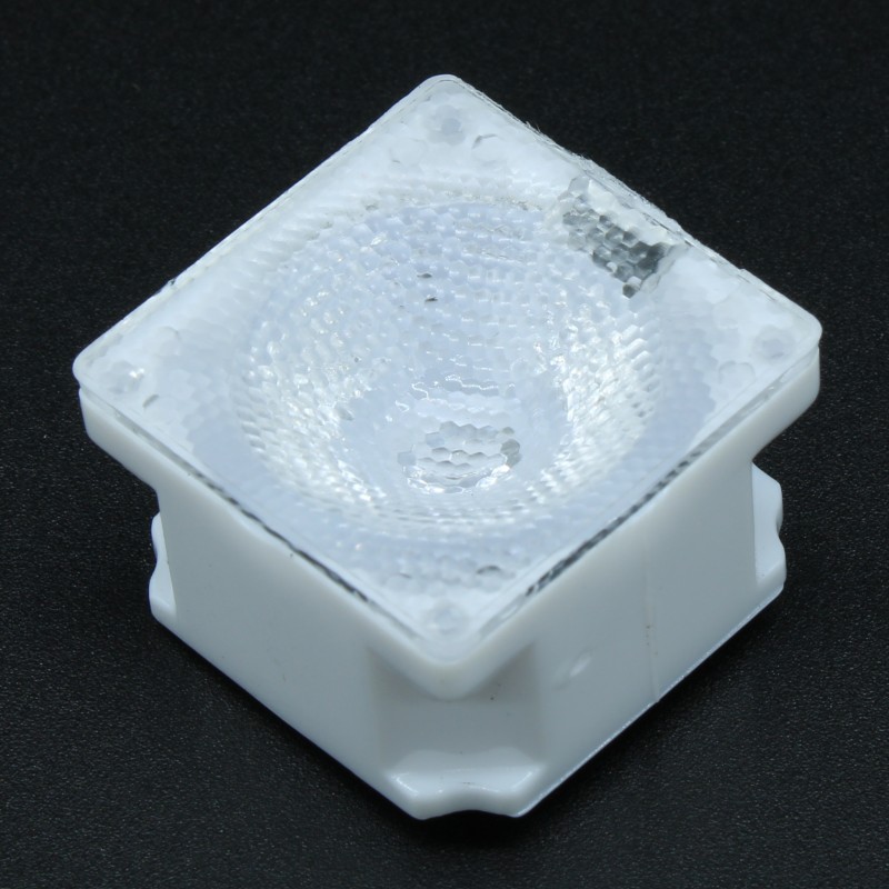 Линза белая с клеевой основой для светодиода 3535/3030,  ~45°,  21,57x21,57mm  H:13mm, с пинами, PMMA
