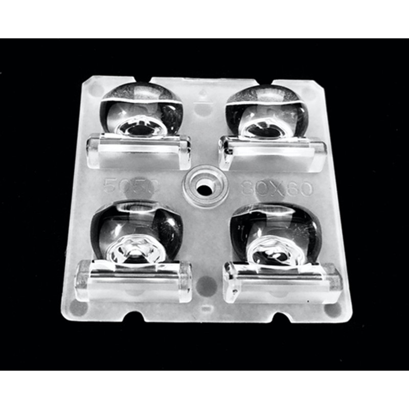 Групповая квадратная линза 2x2 на 4 светодиода 5050/3535 эфф-90%, ~80°x60°  (T4),  50x50mm   H:8.5mm  PC-1250Z