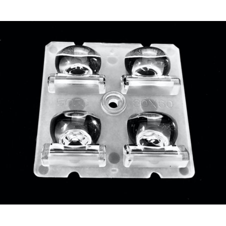 Групповая квадратная линза 2x2 на 4 светодиода 5050/3535 эфф-90%, ~80°x60°  (T4),  50x50mm   H:8.5mm  PC-1250Z