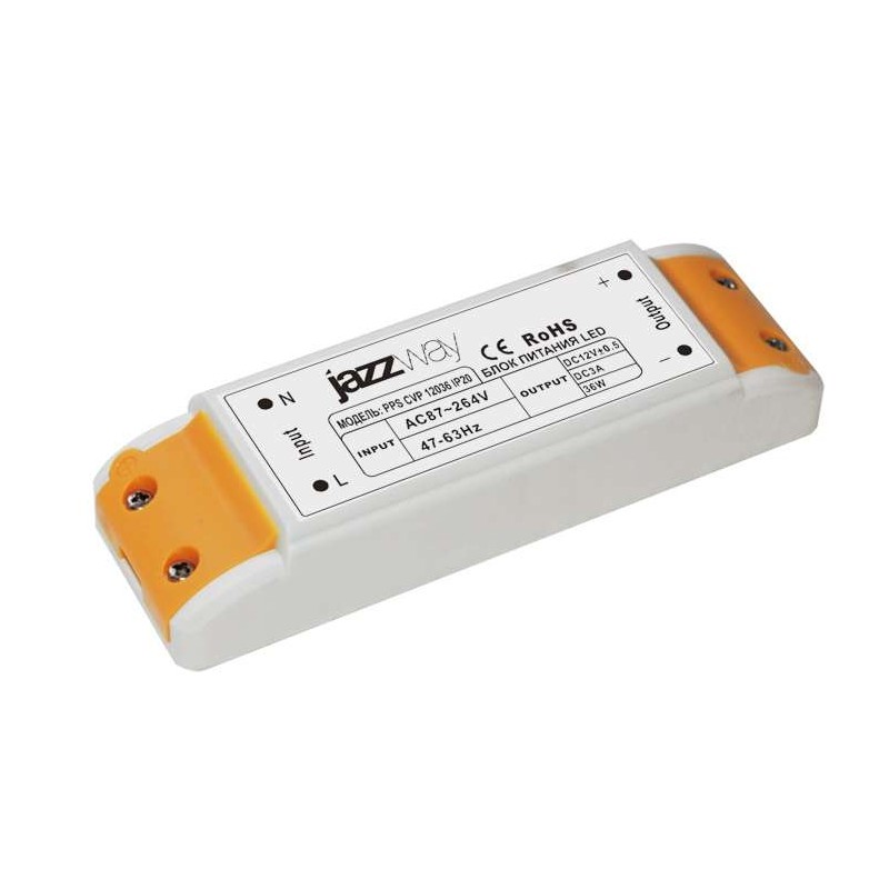Блок питания для светодиодной ленты 36Вт 0.67А-0.28А 12В IP20 PPS CVP 12036 пластик JazzWay 1016355 Блок питания для светодиодной ленты 36Вт 0.67А-0.28А 12В IP20 PPS CVP 12036 пластик JazzWay 1016355