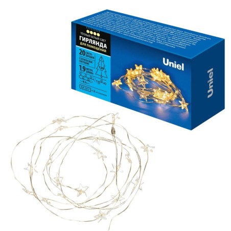 Гирлянда ULD-S1900-020/STB/2AA WARM WHITE IP20 STARS MINI "Звездочки мини" 2AA (не в/к) 1.9м 20 LED провод прозр. Uniel UL-00008