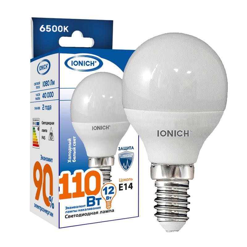 Лампа светодиодная P45 12Вт 6500К Е14 1080лм 230В шар IONICH 1812 Лампа светодиодная P45 12Вт 6500К Е14 1080лм 230В шар IONICH 1812