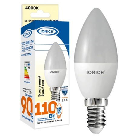 Лампа светодиодная C37 12Вт 4000К Е14 230В свеча IONICH 1640