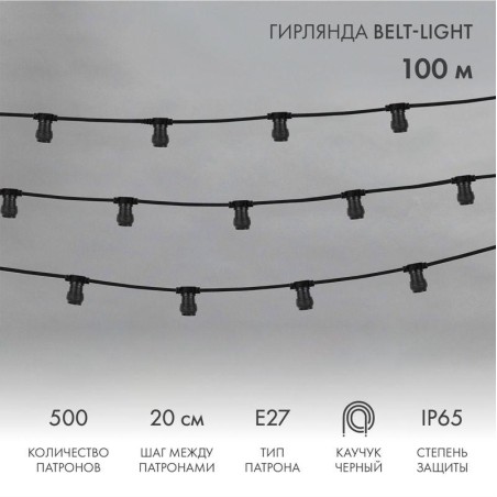 Гирлянда "Белт Лайт" 2жил. шаг 20см патроны E27 1320Вт IP65 влагостойкая провод черн. (уп.100м) Neon-Night 331-211