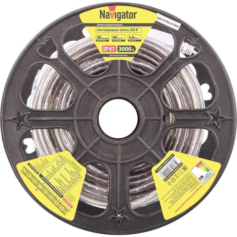 Лента светодиодная 14 512 NLS-3528WW60-4.8-IP67-220V (уп.20м) Navigator 14512 Лента светодиодная 14 512 NLS-3528WW60-4.8-IP67-220V (уп.20м) Navigator 14512
