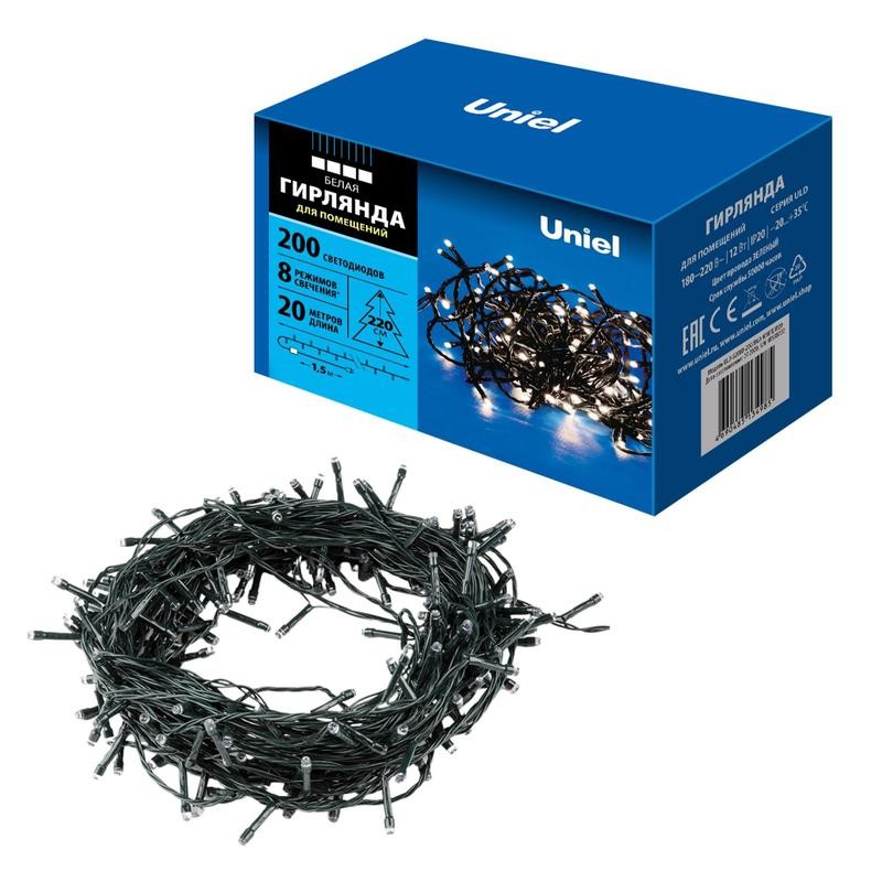Гирлянда LED ULD-S2000-200/DGA WHITE IP20 20м 200 диодов бел. свет провод зел. Uniel UL-00007309 Гирлянда LED ULD-S2000-200/DGA WHITE IP20 20м 200 диодов бел. свет провод зел. Uniel UL-00007309