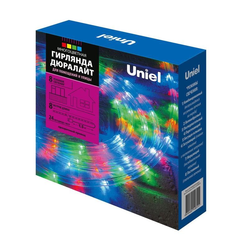 Гирлянда светодиодная ULD-D50 8M/С08 IP44 MULTI Дюралайт 8м с контроллером разноцвет. свет. провод бел. Uniel UL-00008571 Гирлянда светодиодная ULD-D50 8M/С08 IP44 MULTI Дюралайт 8м с контроллером разноцвет. свет. провод бел. Uniel UL-00008571