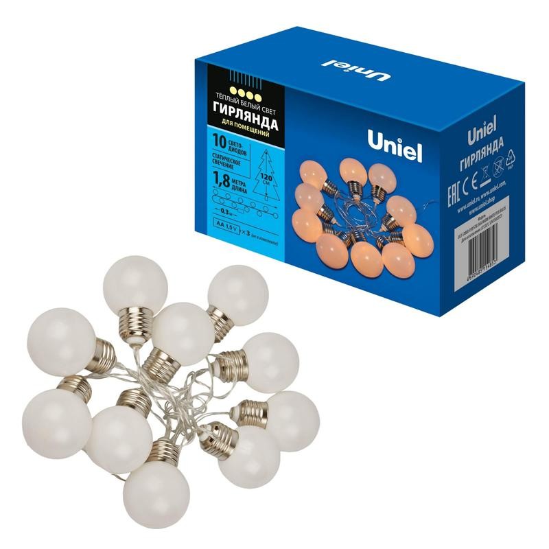Гирлянда ULD-S1800-010/STB/3AA WARM WHITE IP20 BULBS "Лампочки" 3AA (не в/к) 1.8м 10 LED тепл. бел. свет. провод прозр. Uniel UL